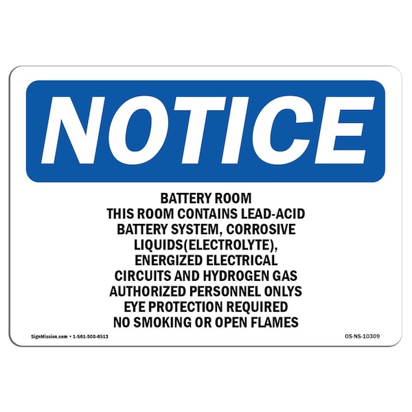 Signmission OSHA Notice, 5" Height, Battery Room This Room Contains Lead-Acid Sign, 7" X 5", Landscape OS-NS-D-57-L-10309 - main